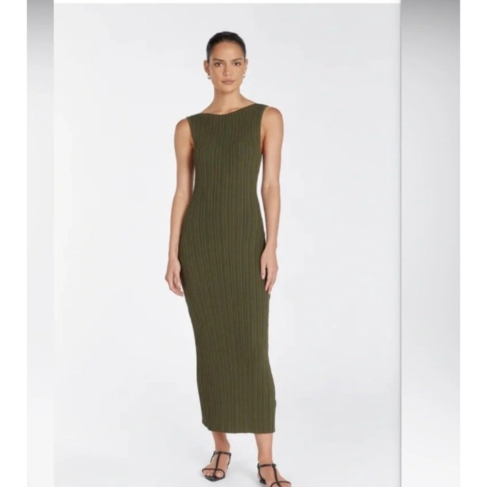 DISSH Sienna Olive Knit Midi Minimalist Quiet Luxury Dress Sleeveless Ribbed L